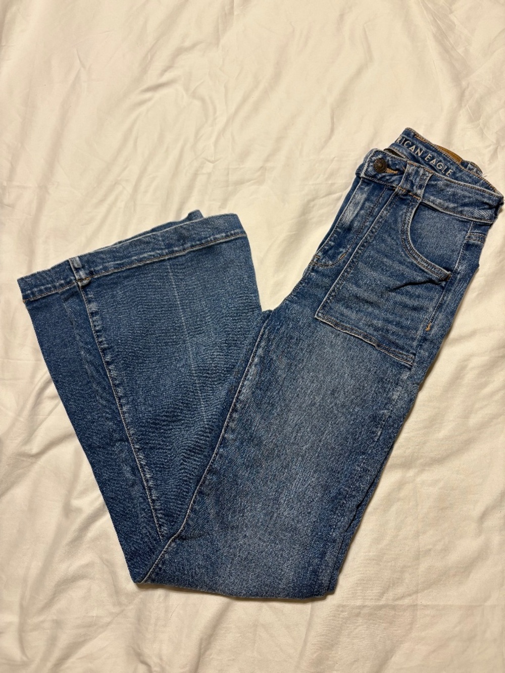 American Eagle Boho Flare Jeans Size 0 Regular Front Patch Pockets Stretch